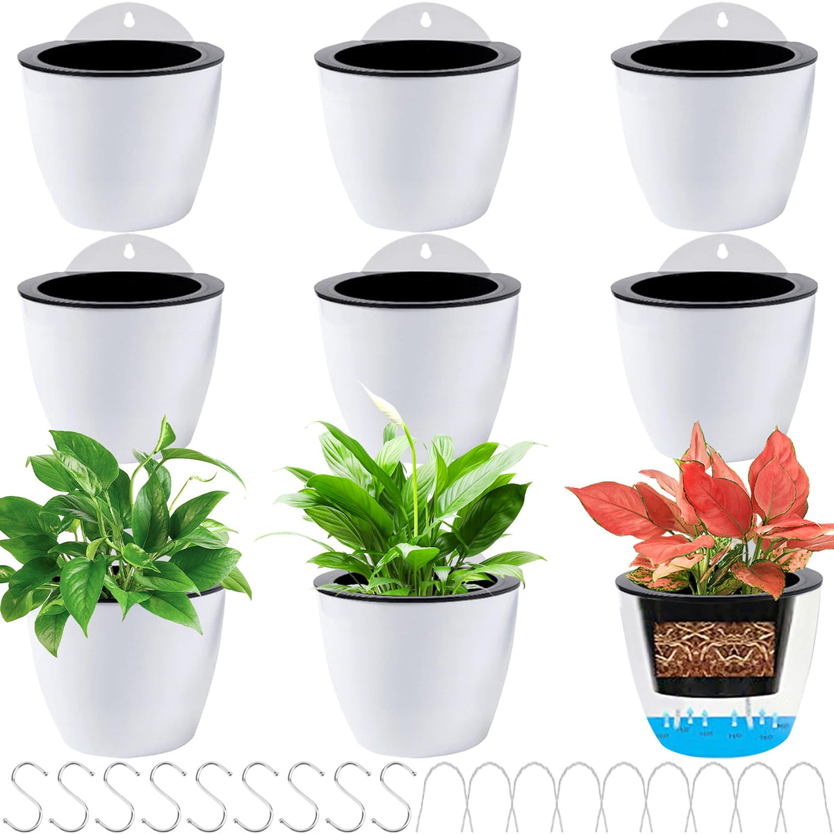 Jucoan 9 Pack Self Watering Wall Hanging Planters Pots for Indoor Plant, 5 Inch White Plastic Lazy Flower Pot with 9 Hooks for Garden Fence, Porch, Wall