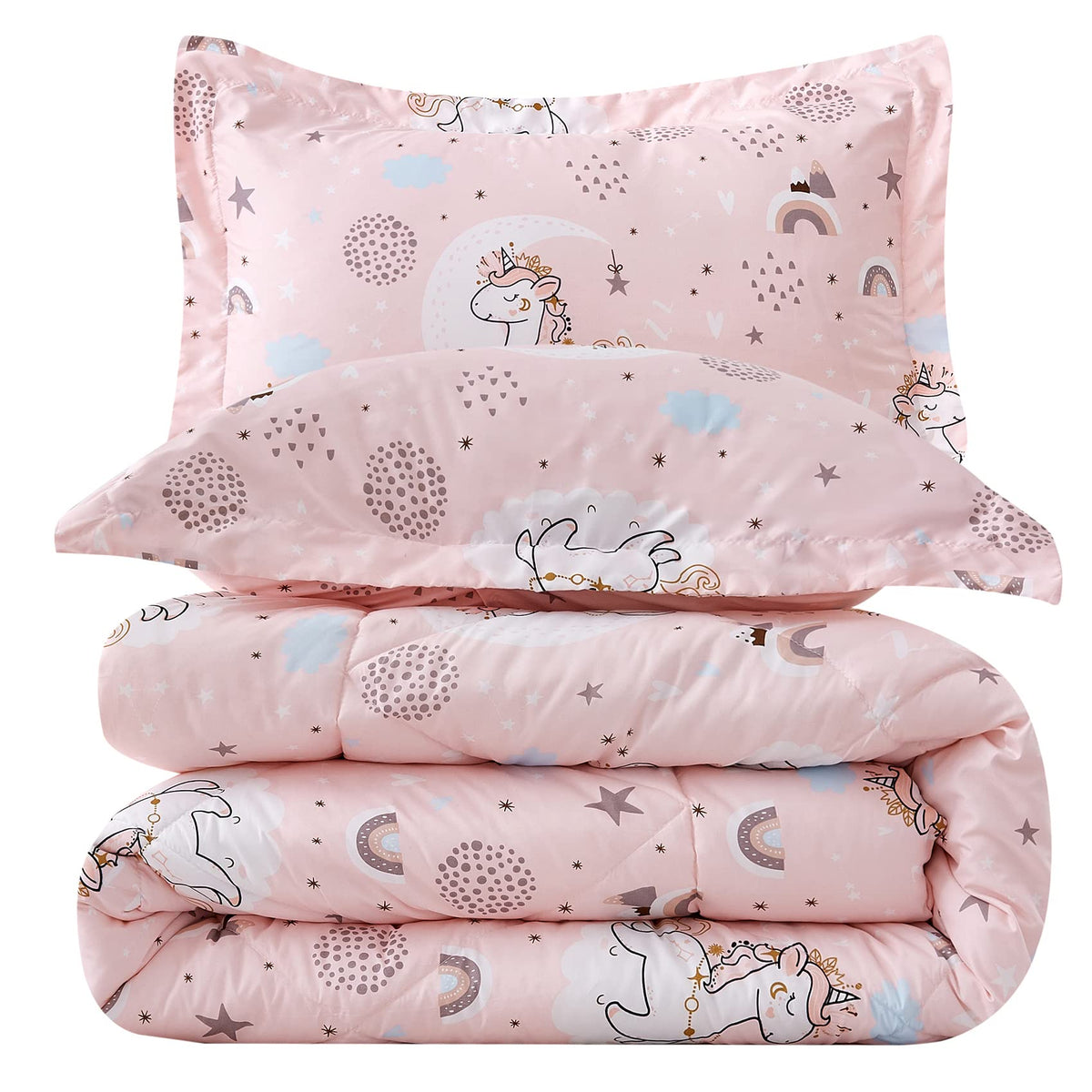 JSD Pink Unicorn Kids Comforter Set Full Size, 3 Piece Girls Rainbow Microfiber Comforter with Pillow Shams, Lightweight All Season Washable