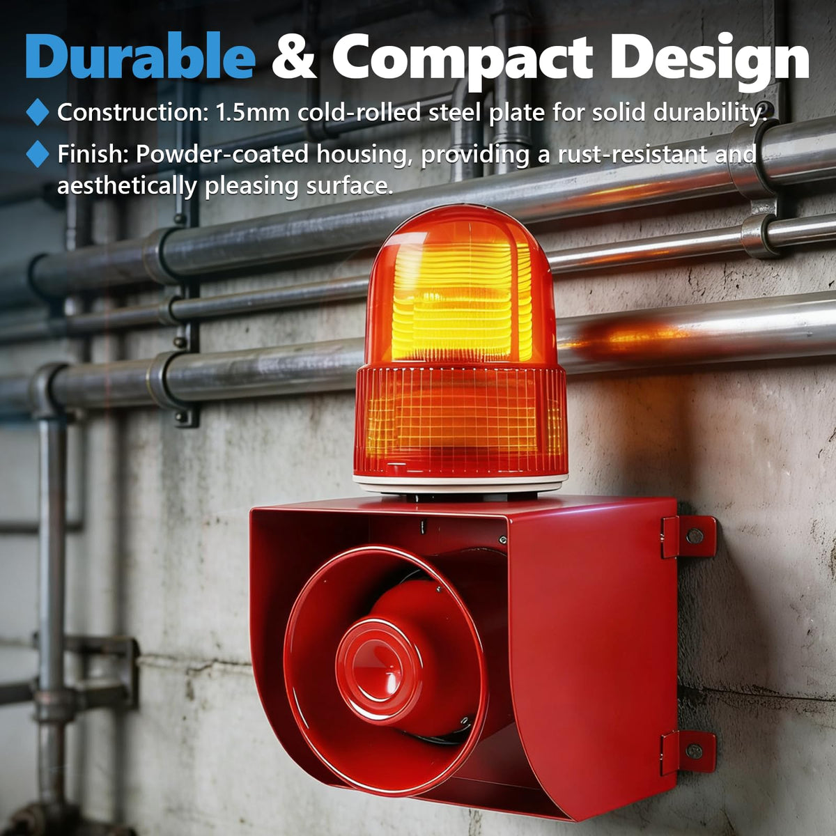 Saladulce Heavy-Duty 120dB Industrial Siren Alarm | IP65 Outdoor Alarm with Powerful Strobe Light for Machinery, Intruder, Business, Warehouse (110V AC)