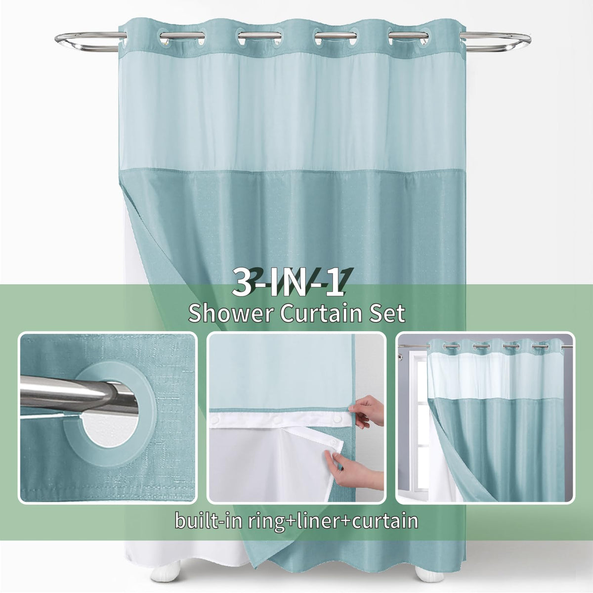 eachope Teal No Hook Shower Curtain with Snap-in Fabric Liner Set,Slub Textured Fabric Shower Curtains for Bathroom,Hotel Style Modern Shower Curtain,Water Repellent & Washable,71x74(72)