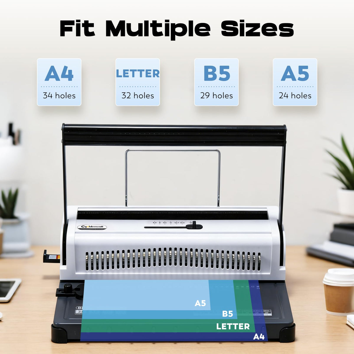 CGOLDENWALL Wire Binding Machine, Wire-O Binder, 3:1 Pitch 34 Holes, with 11 Coils Included, Punch 20 Sheets Bind 140 Sheets, Adjustable Pins Margins (Square Hole)