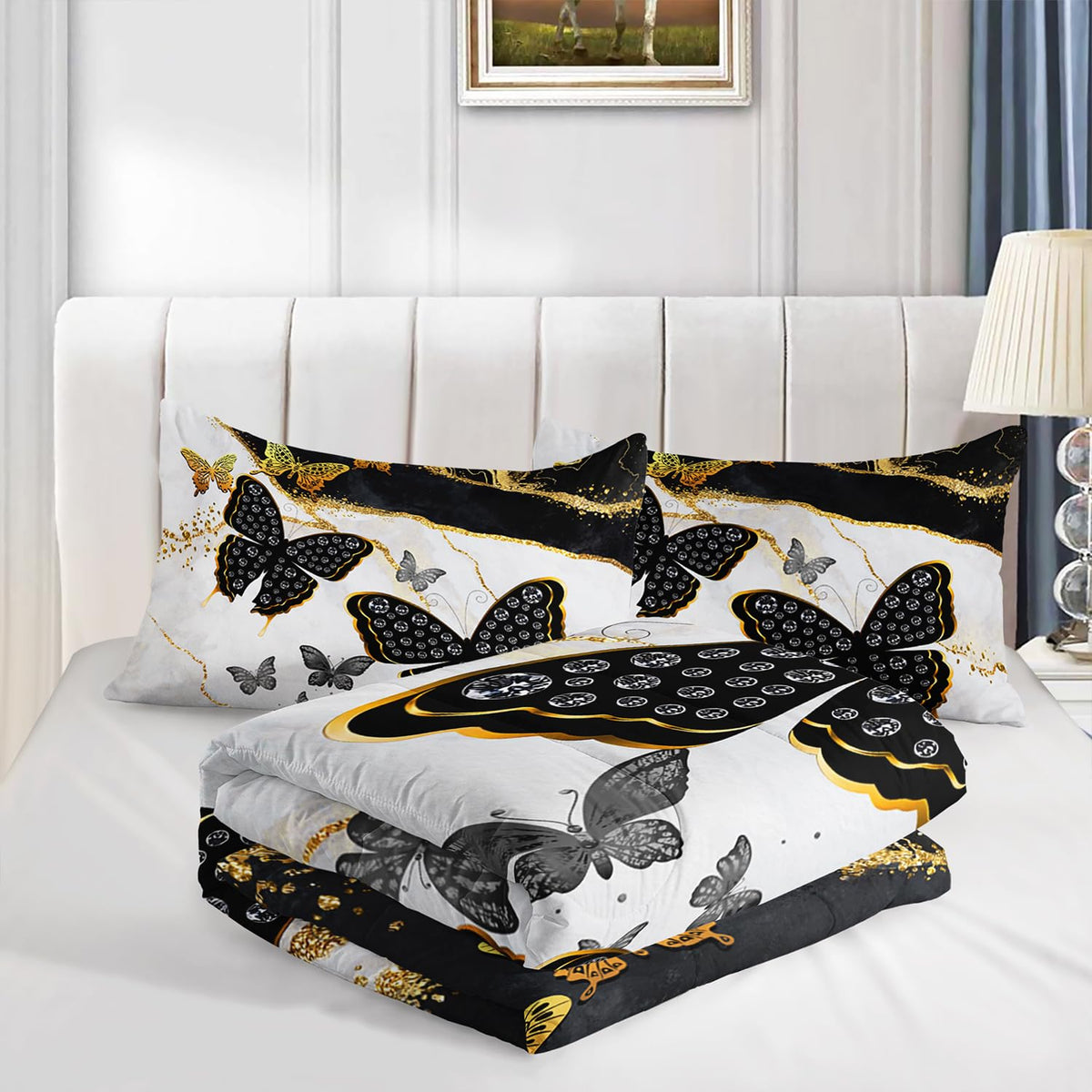 UEVBF Kids Bedding Queen Size Comforter Set,Black and Gold Butterfly Bedding Comforter Sets for Boys Girls Room Decor,Marble Texture Artistic Aesthetic Bedding Sets with 2 Pillowcases.