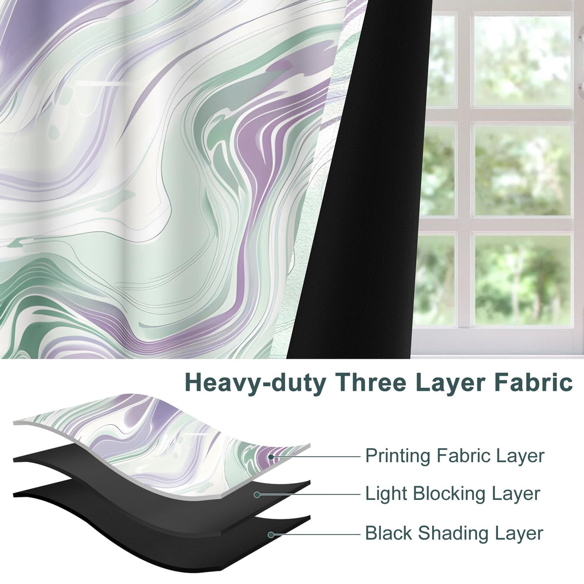 Xiazhilaio Abstract Fluid Art Blackout Curtains 2 Panels Set - Mint Green & Lavender Marble Pattern Window Drapes, Thermal Insulated Room Darkening Curtains for Modern Bedroom Decor, 52x84 Inch