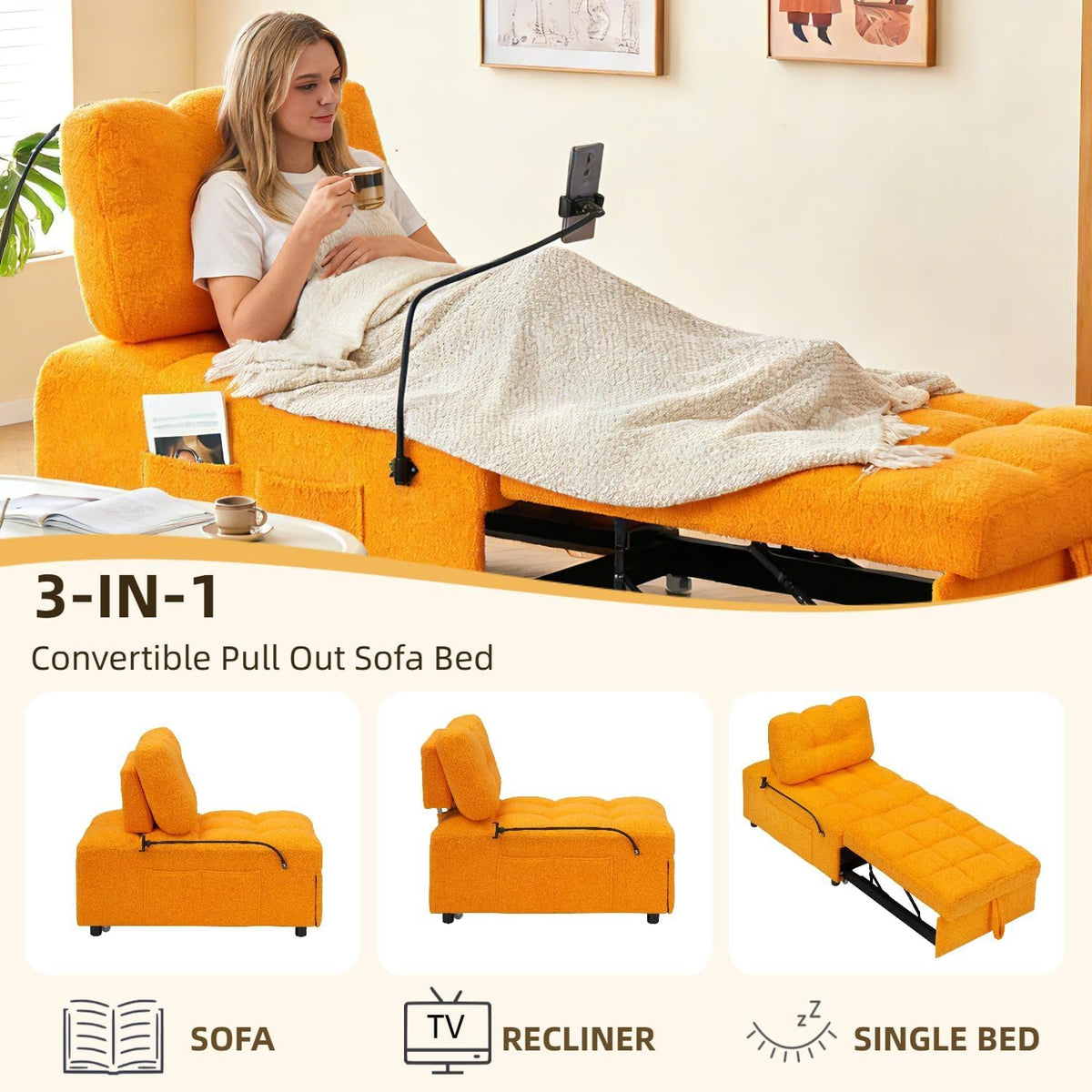 JvFun 40" L Convertible Sofa Bed, 3-in-1 Multifunctional Lounge Sleeper,Pullout Guest Bed with Side Pocket & Phone Holder, Adjustable Backrest | Design for Small Spaces, Living Room & Bedroom,Orange