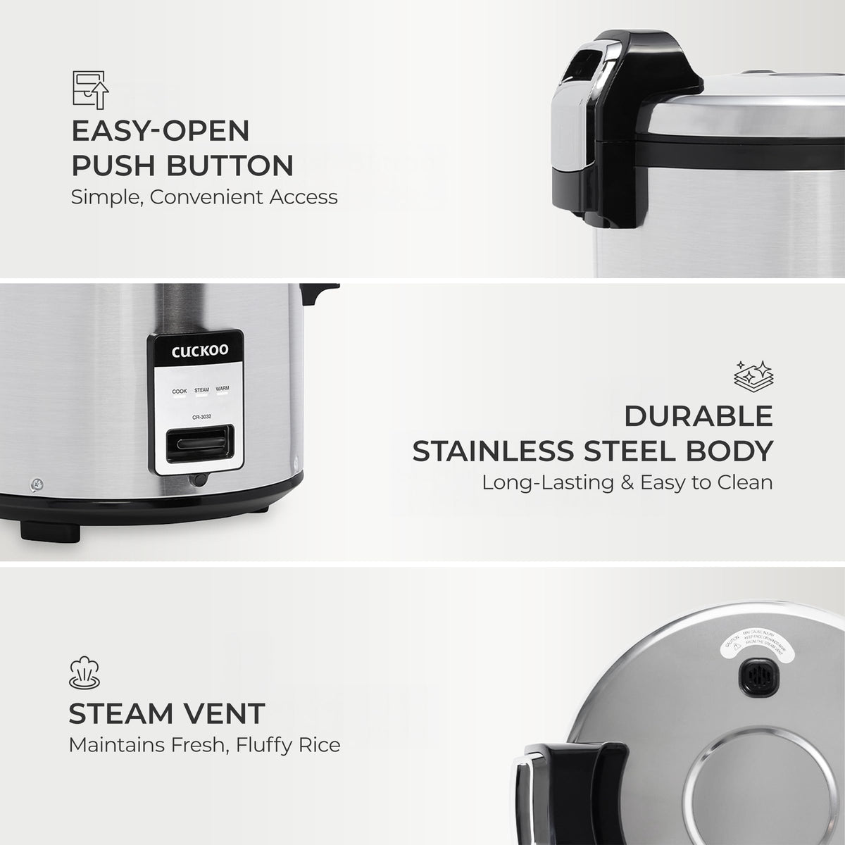 CUCKOO Commercial Rice Cooker & Warmer, Extra Large Rice Cooker 30-Cup Uncooked / 60-Cup Cooked, Professional Industrial Grain Cooker with Large Capacity, Easy One-Touch Operation, Silver (CR-3032)
