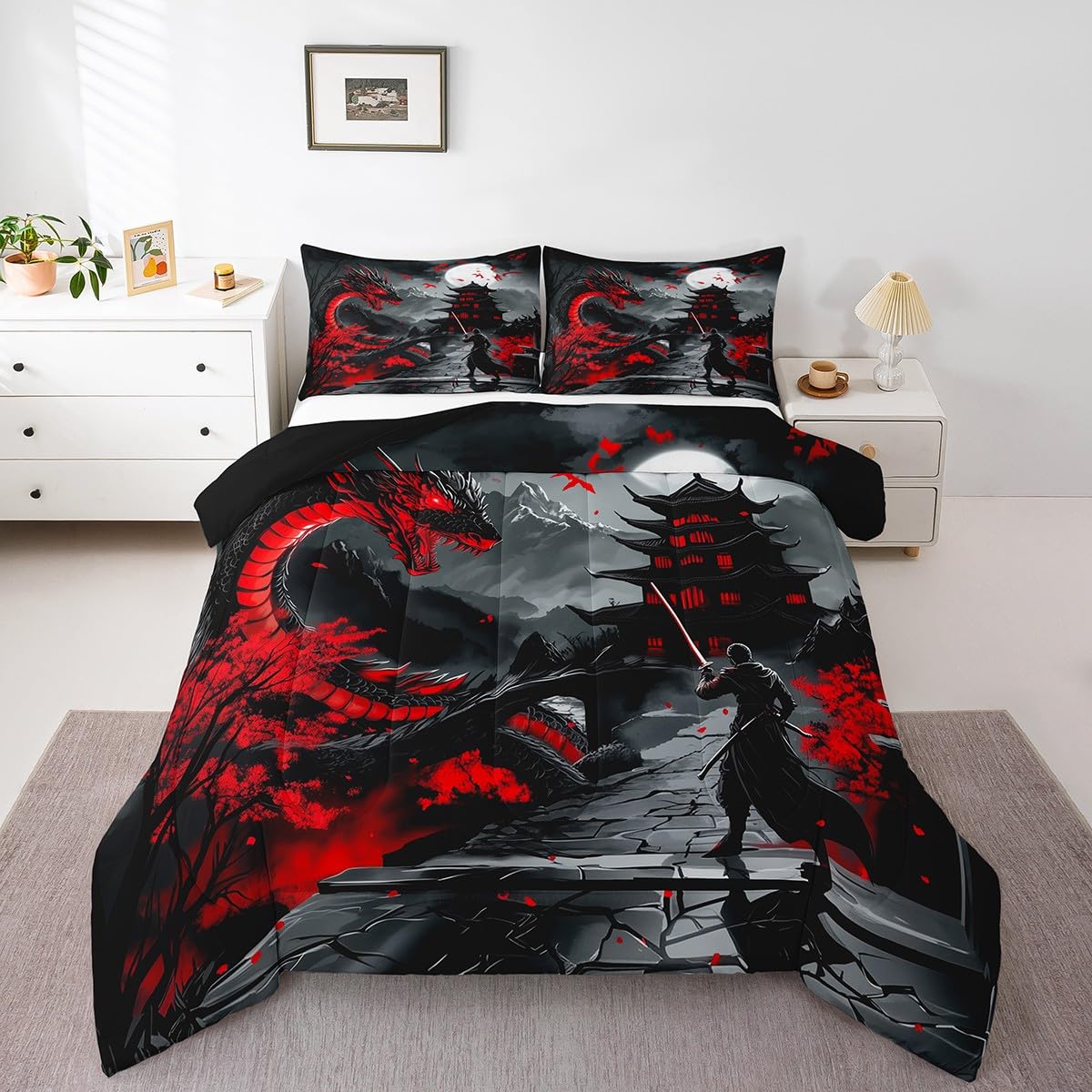 Erosebridal Dragon Bedding Set Queen Size, Japanese Style Comforter Set for Teens Youth Adult Men Room, Ancient Animal Quilt, Retro Wildlife Ukiyo-E Down Comforter, Black Grey Red
