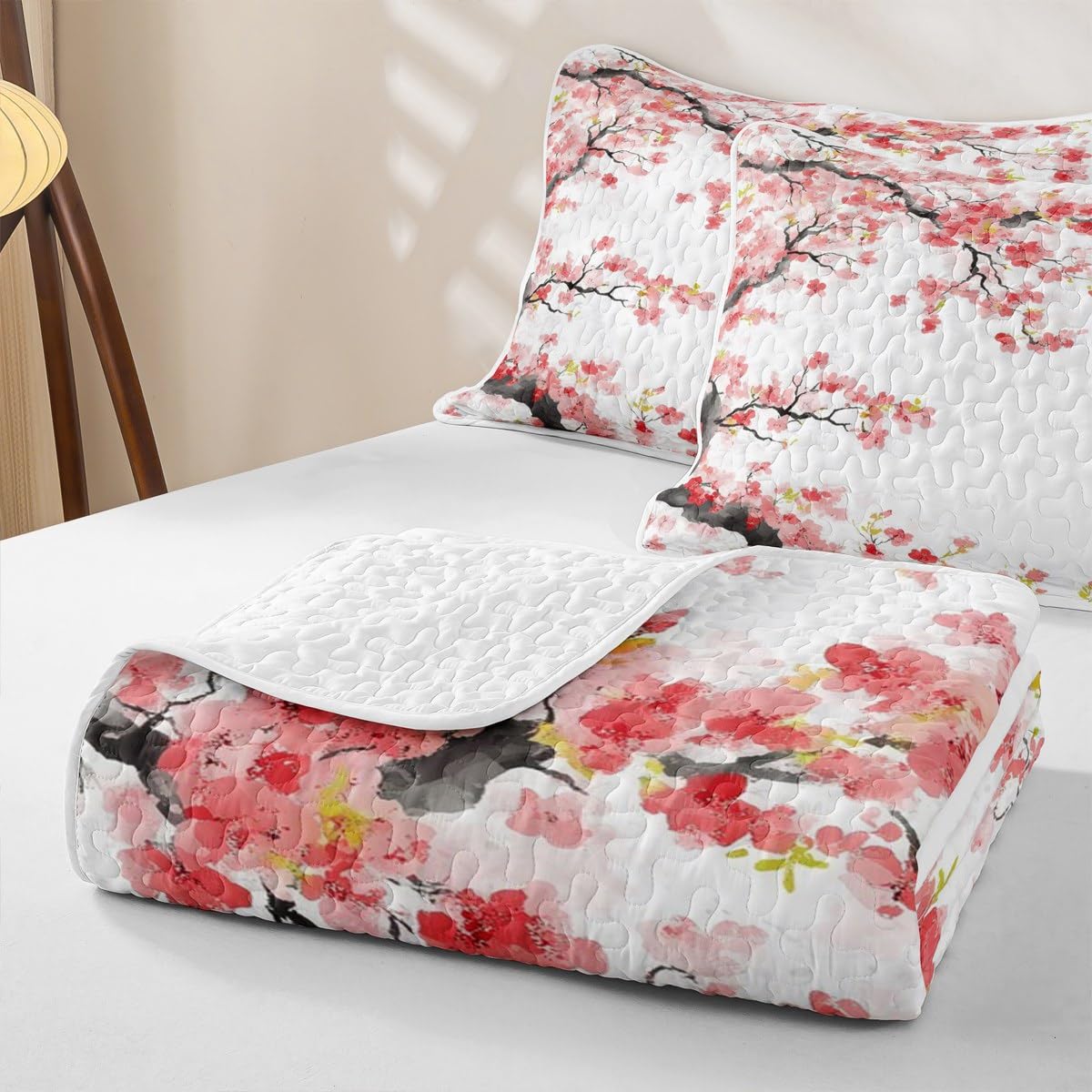 Erosebridal Cherry Blossoms Quilt Japanese Style Quilt Set Queen Pink Flowers Bedding Coverlet Branches Plant Floral Bedspread