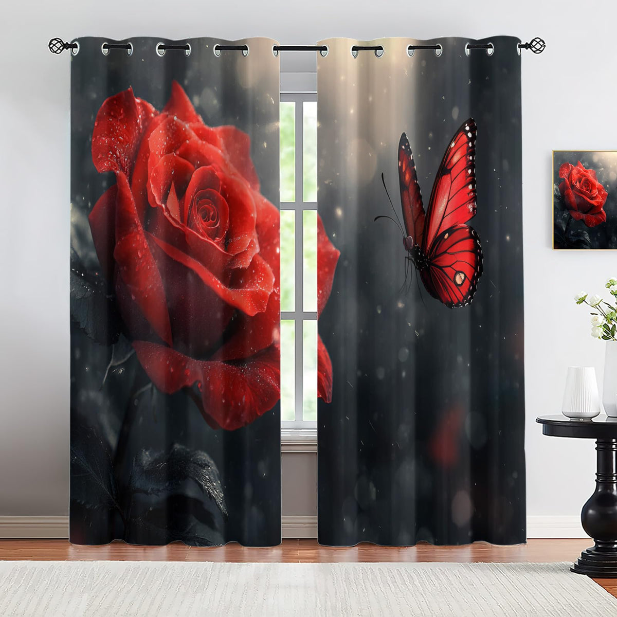 JAXIUOF Red Flowers Curtains 84 Inch Long 2 Panels Butterfly Rose Plants Blackout Curtains, Romantic Floral 3D Printed Drapes, Grommet Top Window Treatments for Bedroom Office Kitchen