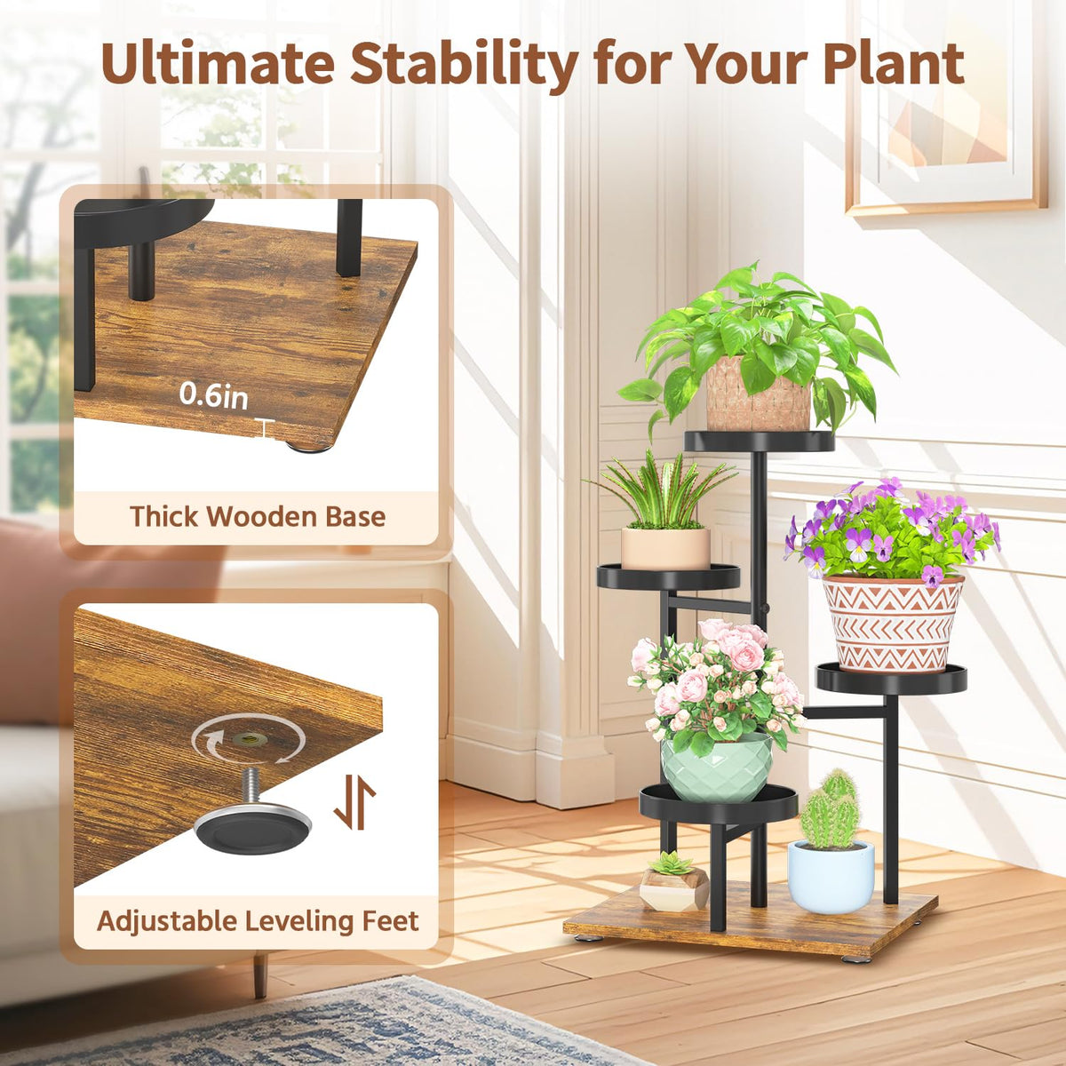 LASZOLA Black 4 Tier Plant Stand Indoor Heavy Duty Rack for Modern House Planter, Metal and Wooden Vertical Organizer Decor Narrow Bathroom Floor, Sturdy Multi Level Flower Holder Raised, Cat Proof