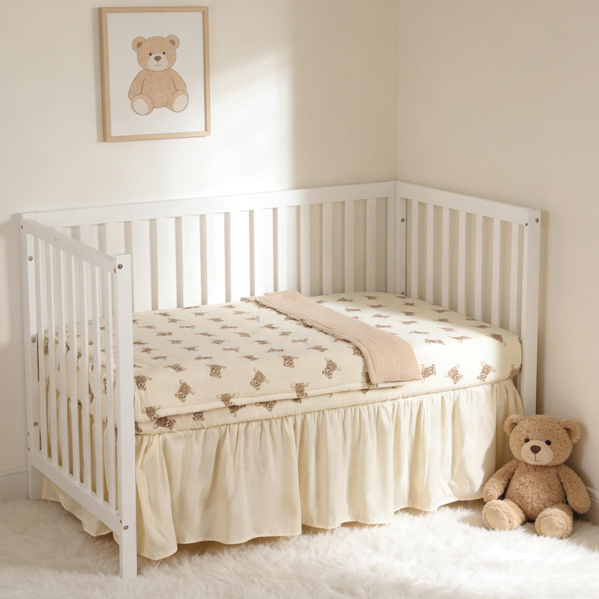 Organic Cotton Muslin Baby Crib Bedding Set 3 Piece Soft for Infant Newborn Toddler Boys Girls 52"x28", Nursery Bed Quilt Set Decor with Fitted Crib Sheet, Boho Quilted Comforter Blanket, Bed Skirt