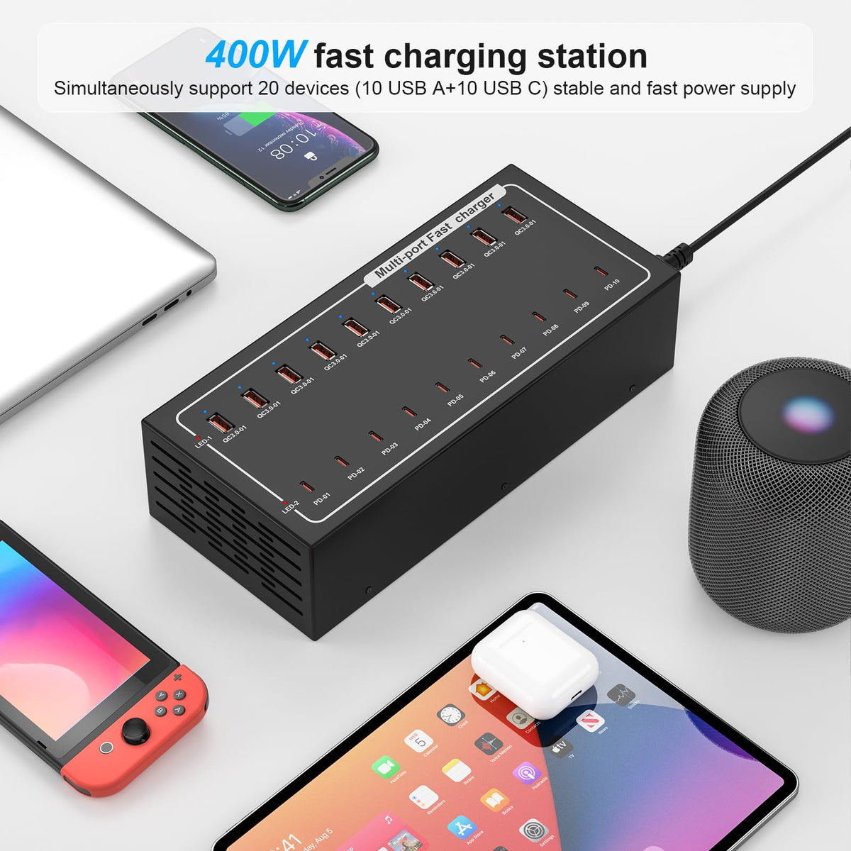 20-Port Fast Charging Station 400W, USB C and USB A Charger Dock with Smart Power Distribution Technology，for Multiple Devices, PD/QC Fast Charging Support