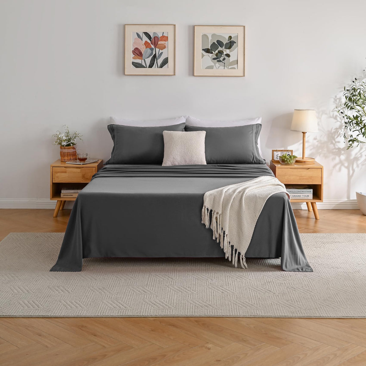 Yibeizi Queen Sheet Set Cooling Sheets Deep Pocket Queen Size Bed Sheets Set, Grey Soft Microfiber Oeko-Tex Sheets & Pillowcases Hypoallergenic Wrinkle Free Bedsheets