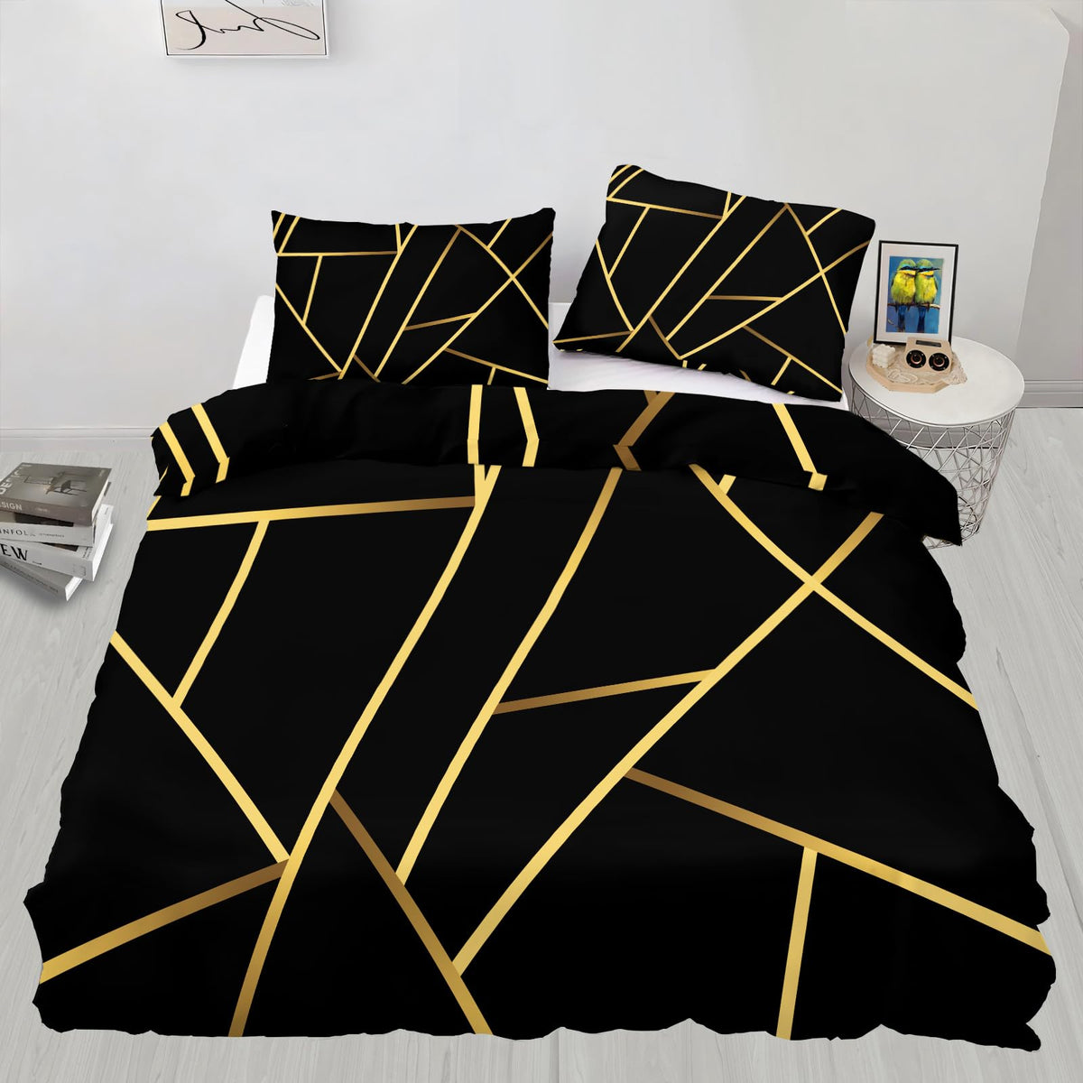 ZAOMIR Geometric Duvet Cover Queen Size, Abstract Modern Geometric Stripes Bedding Set 3 Piece, Black Gold Geometry Lines Patterned Comforter Cover with Zipper Soft Microfiber, 2 Pillowcases