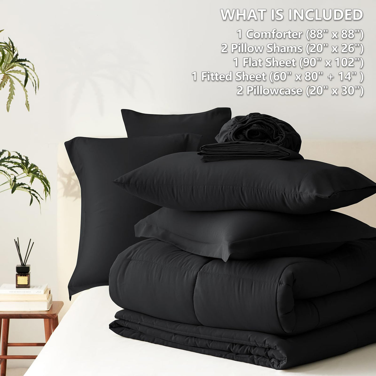 CozyLux Queen Comforter Set Black - 7 Pieces Bed in a Bag Queen, Oeko-Tex Certified Bedding Set, All Season Soft Bed Set with Down Alternative Comforter, Sheets, Pillowcases & Shams