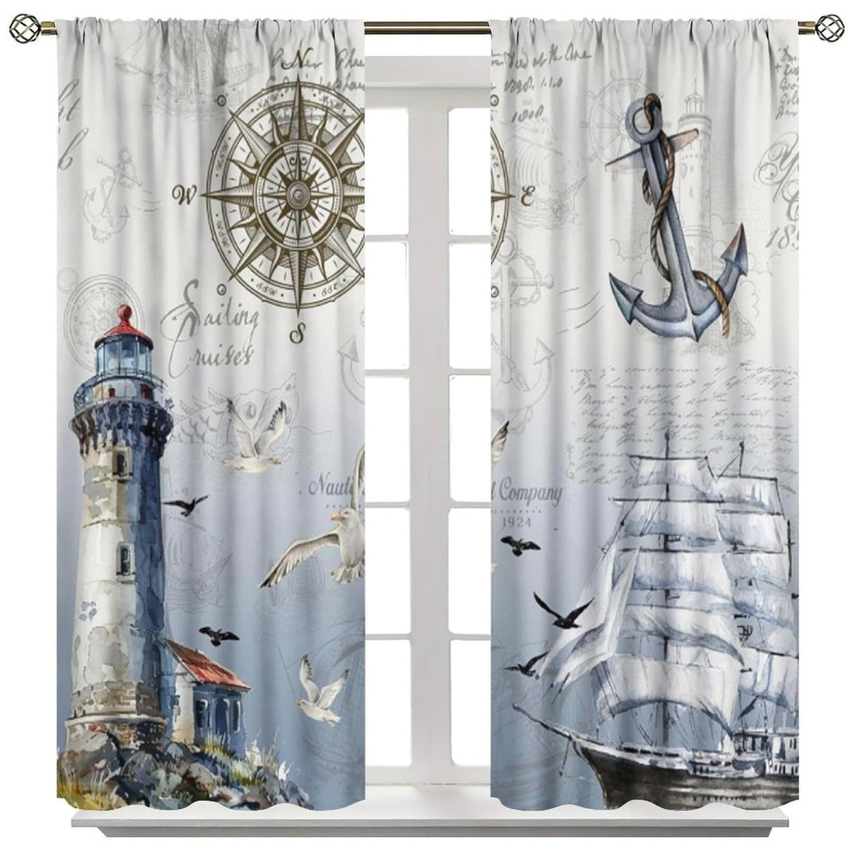 Nautical Curtains for Kitchen Vintage Blue Ocean Beach Retro Sailboat Map Rustic Lighthouse Compass Scene Print Windows Treatments for Kids Boys Bedroom Living Room Bathroom 42x44.5In（No Blackout）