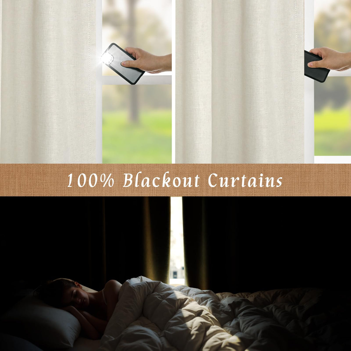 LAMIT 100% Blackout Natural Polyester Curtains, 63 Inches Linen Textured Thermal Bedroom Curtains Back Tab and Rod Pocket Neutral Panels with White Liner for Farmhouse, 2 Panels, 52 x 63 Inch, Ivory
