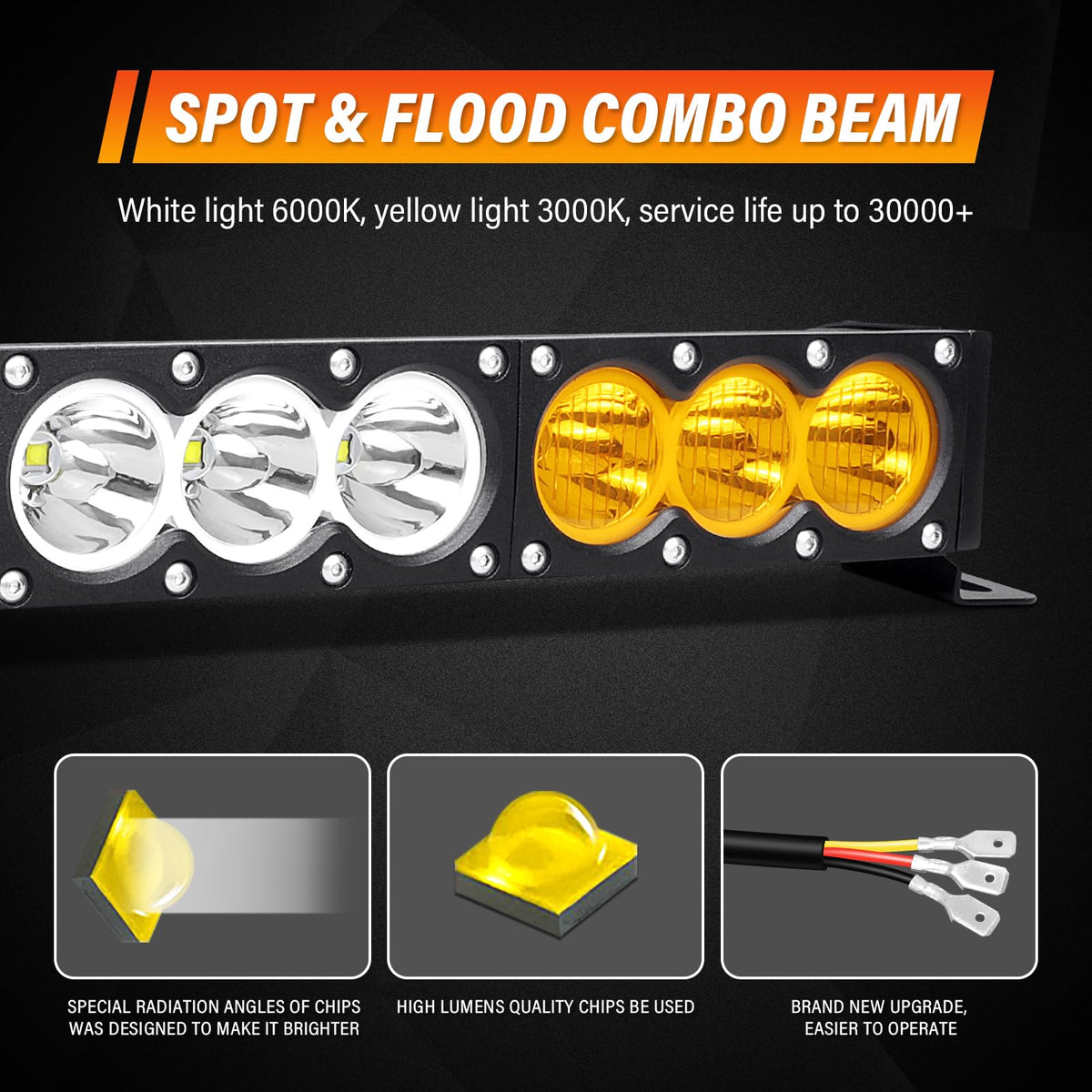 Willpower 32 inch LED Light Bar Single Row White Amber Dual Color 180W Off Road Light Bar Spot Flood Combo LED Work Light Truck UTV 4x4 Cars SUVs ATVs Boats Fog Driving Light with Wiring Harness kit