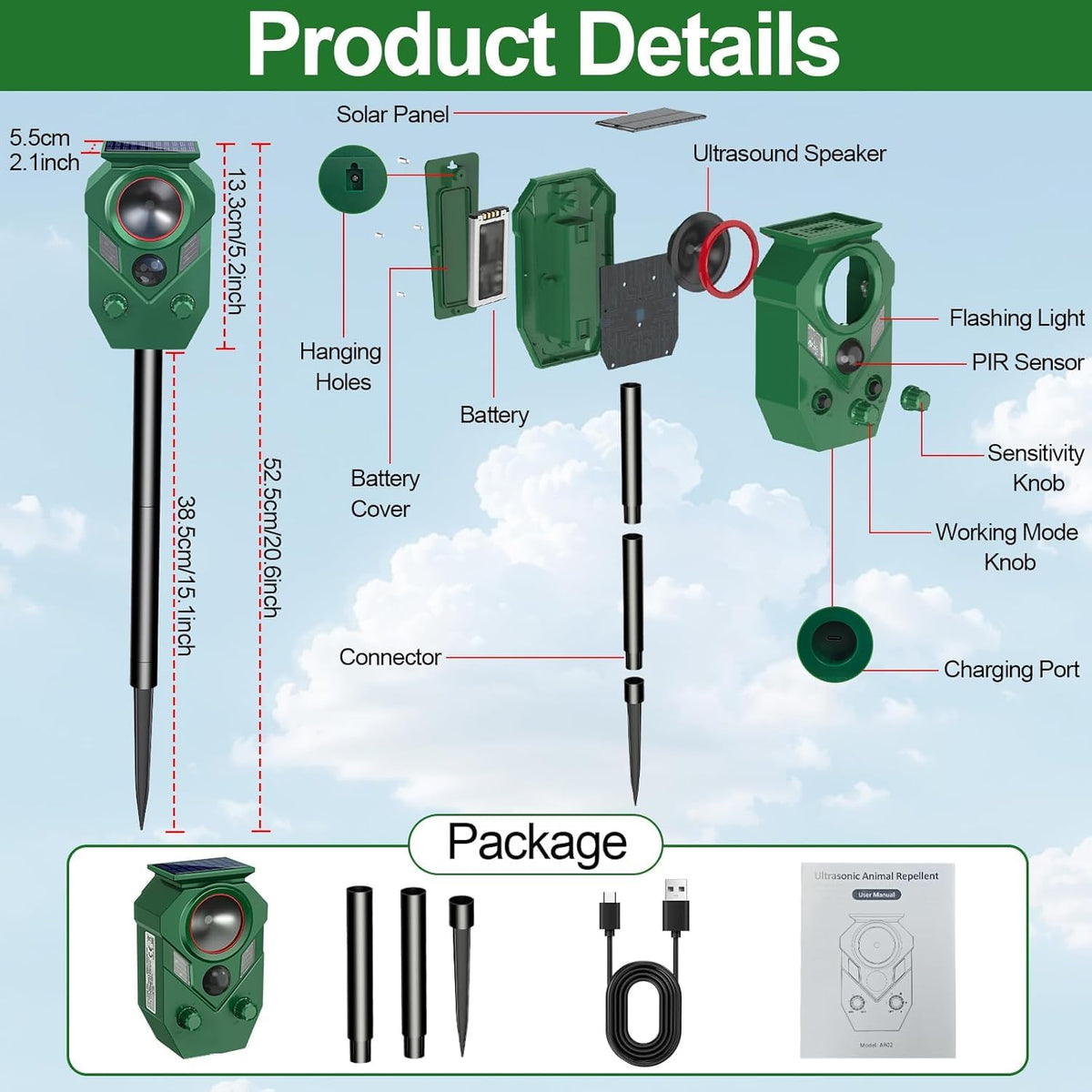 Ultrasonic Animal Repeller Outdoor - Cat Repellent & Deterrent with PIR Sensor & Flashing Light,Solar Powered Deer Repellent for Squirrel,Raccoon,Skunk,Rabbit,and Dogs,IP65 Waterproof （4 Pack）