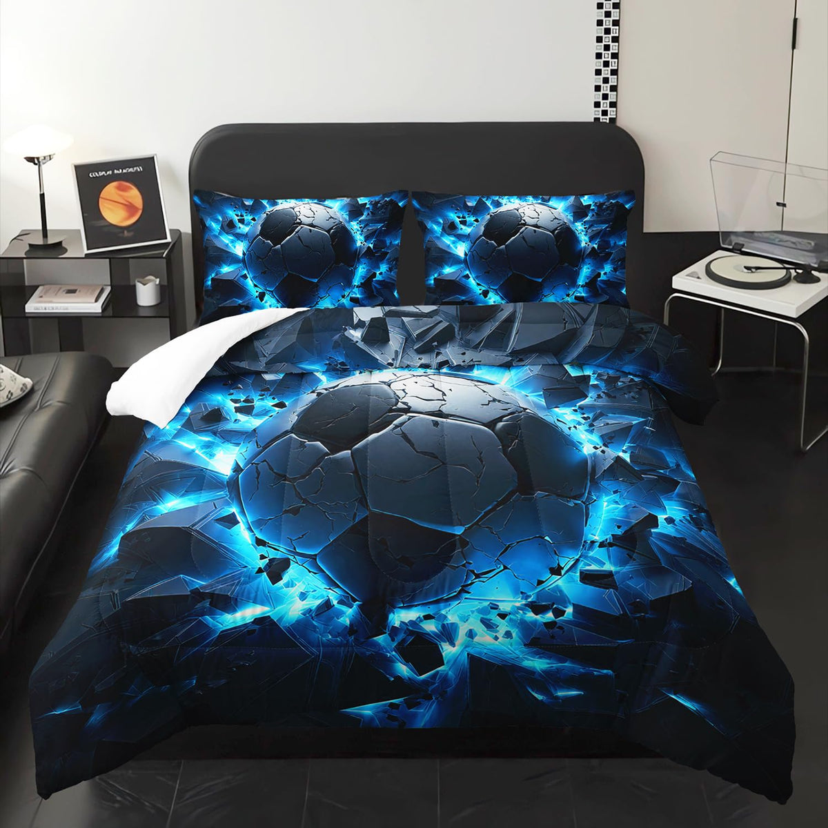 Soccer Print Comforter 3Pcs Twin Blue Sport Soccer Broken Wall Bedding Set