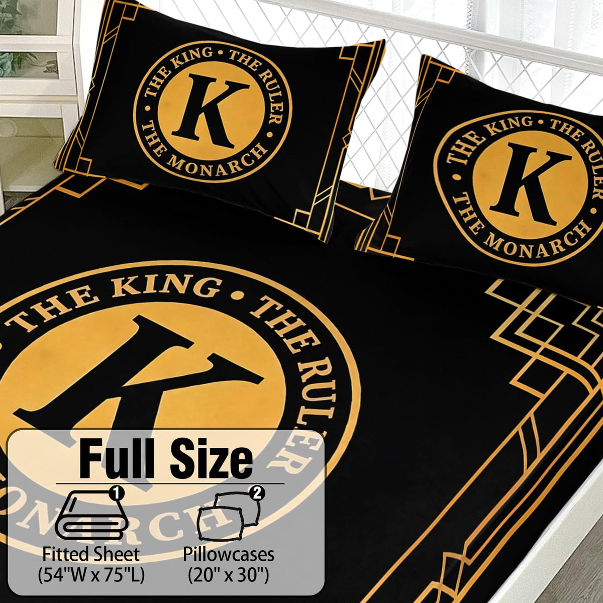 AILONEN King Ruler Monarch Fitted Sheet Set Full,Black Gold Art Bedding for Boys Men,3 Piece Luxury Geometric Bedroom Decor with 2 Pillowcases,16" Deep Pocket