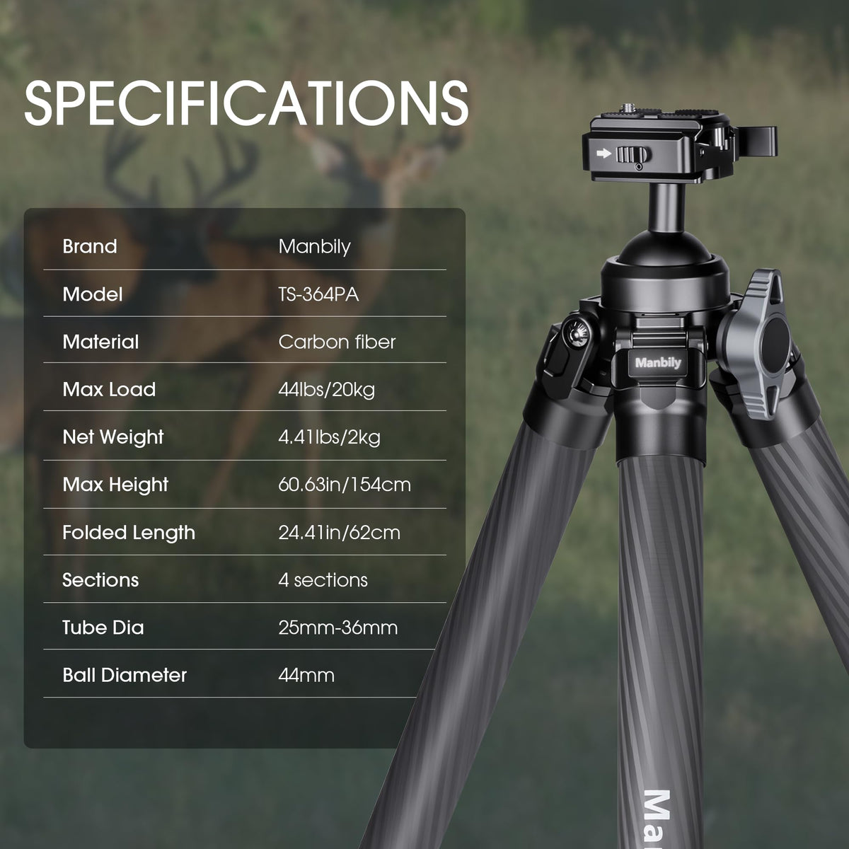 Manbily Carbon Fiber Hunting Tripod, 36mm Thick Leg Shooting Tripod with 360 Degree 44mm Large Ball and Picatinny to Arca Swiss Adapters, Max Load 44 lbs - TS-364PA