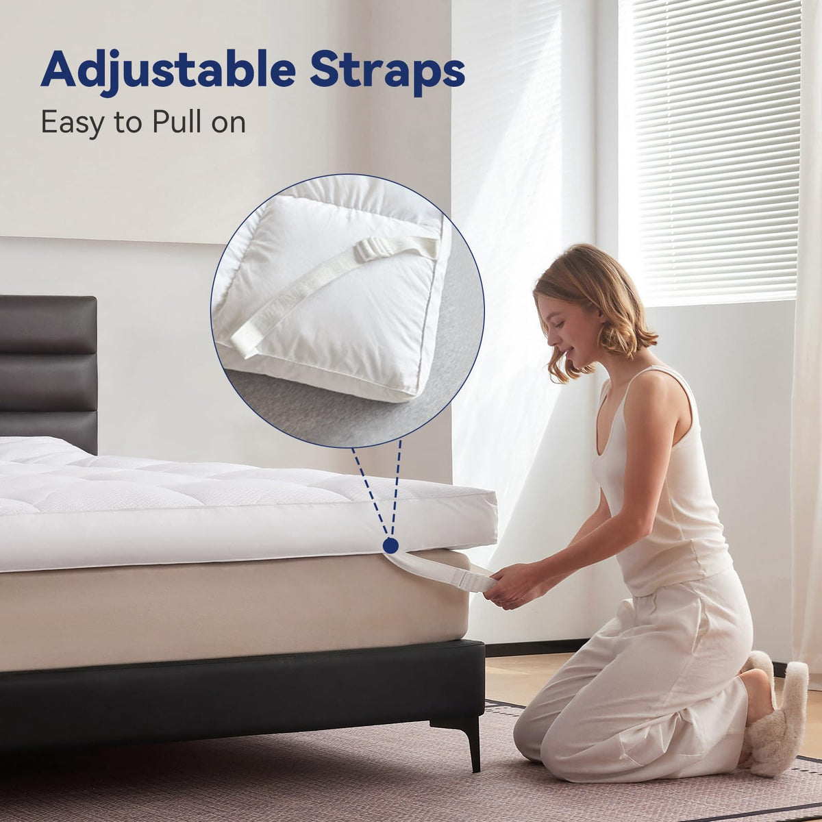 LeWinBedding Dual Layer 5 Inch Goose Feather Mattress Topper Queen Size, 4 Inch Goose Feather Plus 1 Inch Down Alternative Pillow Top, Medium Firm Featherbed with Adjustable Straps(60"x80", Wavy)