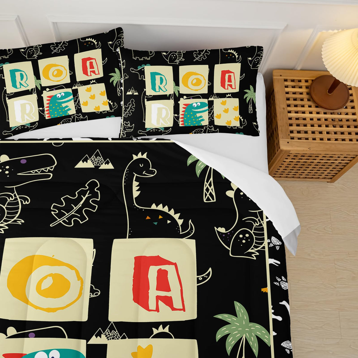lneffble Kids Dinosaur Comforter Set Full Size for Boys，Black Full Size Dinosaur Bedding Sets for Boys with 1 Comforter with 2 Pillow Case