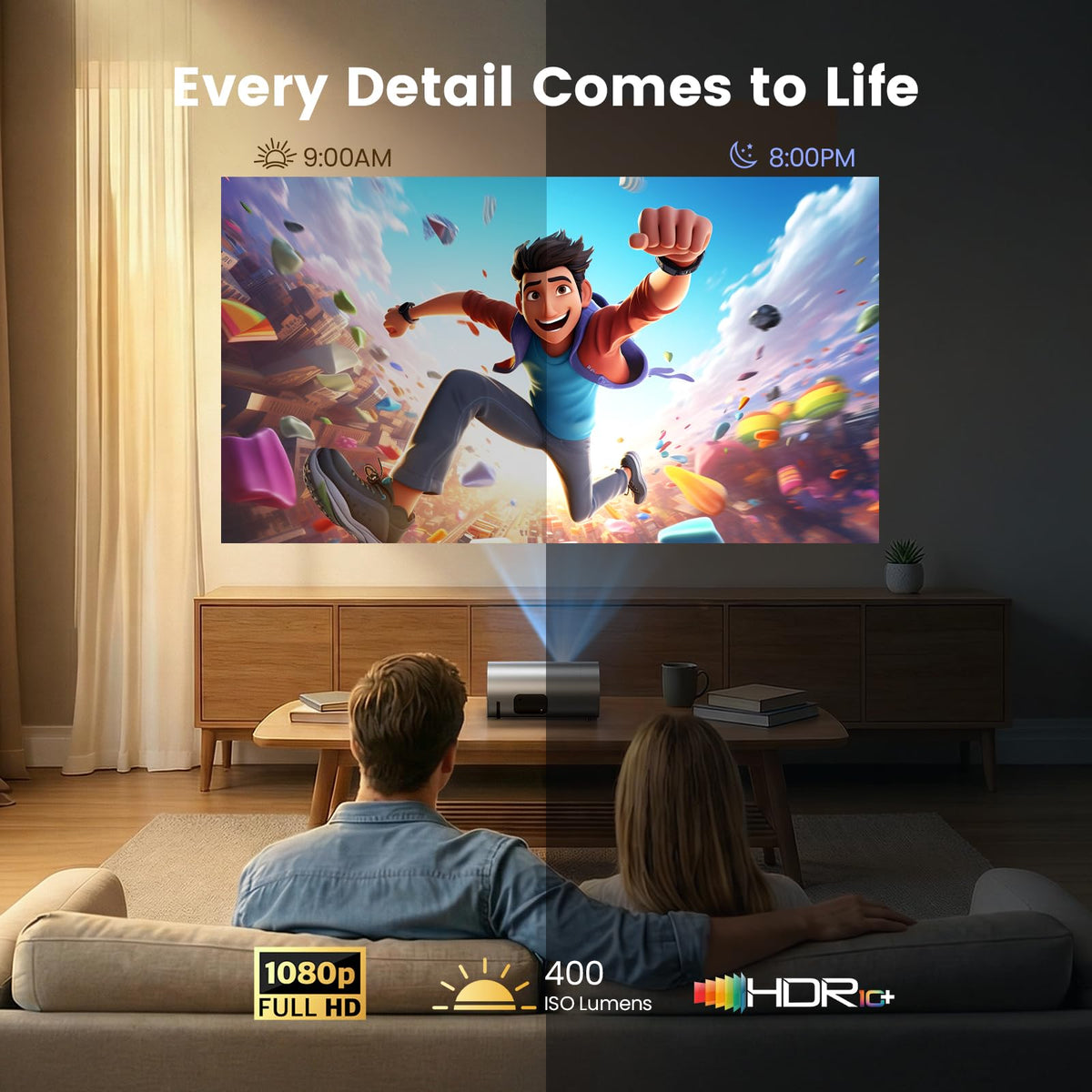 Smart Portable Projector with WiFi and Bluetooth, USB-C Powered, Mini Projector Built-in Apps & Android 14 OS, 1080P FHD HDR10, TOF Real-Time Auto Focus/Keystone, YQHS Outdoor Movie Projector