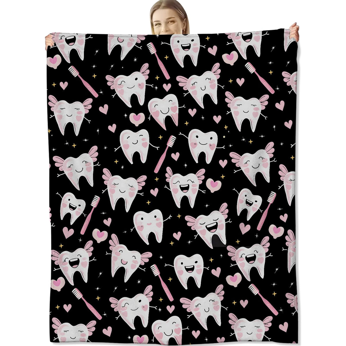 cromcu Cute Tooth Fairy Throw Blanket Warm Lightweight, Pink Dental Heart Flannel Blankets Gifts for Girls Women Dental Lovers, Home Decor Throws for Couch Sofa Camping Office Travel, Black 60"X50"