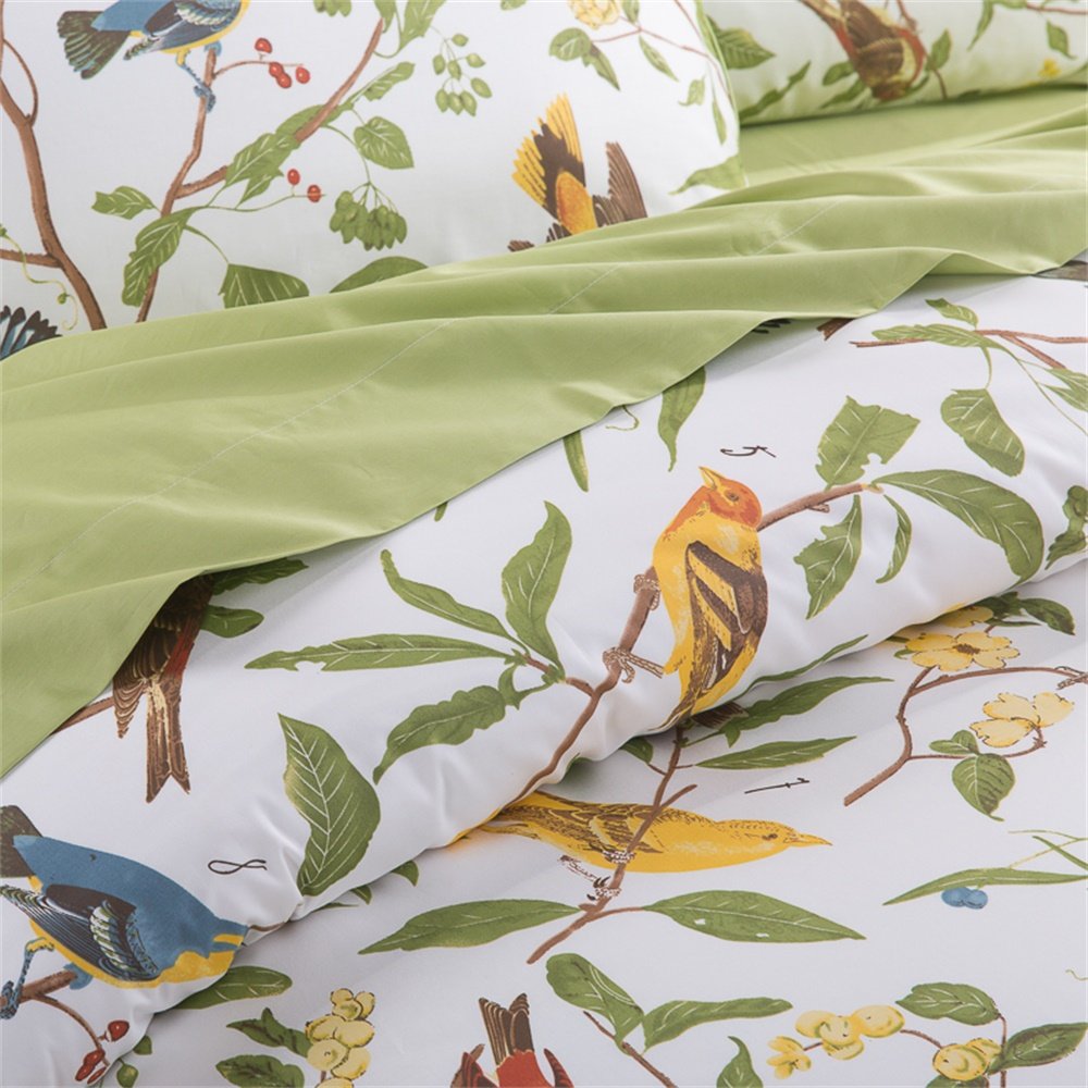 Brandream Eastern Floral Birds Chinoiserie Blossom Duvet Quilt Cover White Green Asian Style Botanical Tree Branches Ornamental Drawing (Queen)