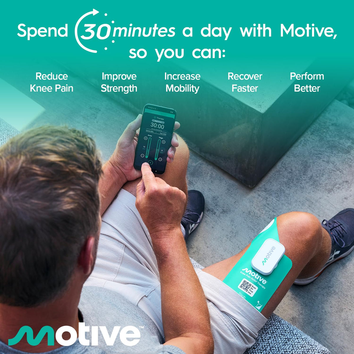 Motive Knee FDA Cleared NMES Knee Pain Relief Device for Quadriceps Strengthening, App-Controlled Knee Therapy Machine for At-Home Motive Knee Pain Therapy