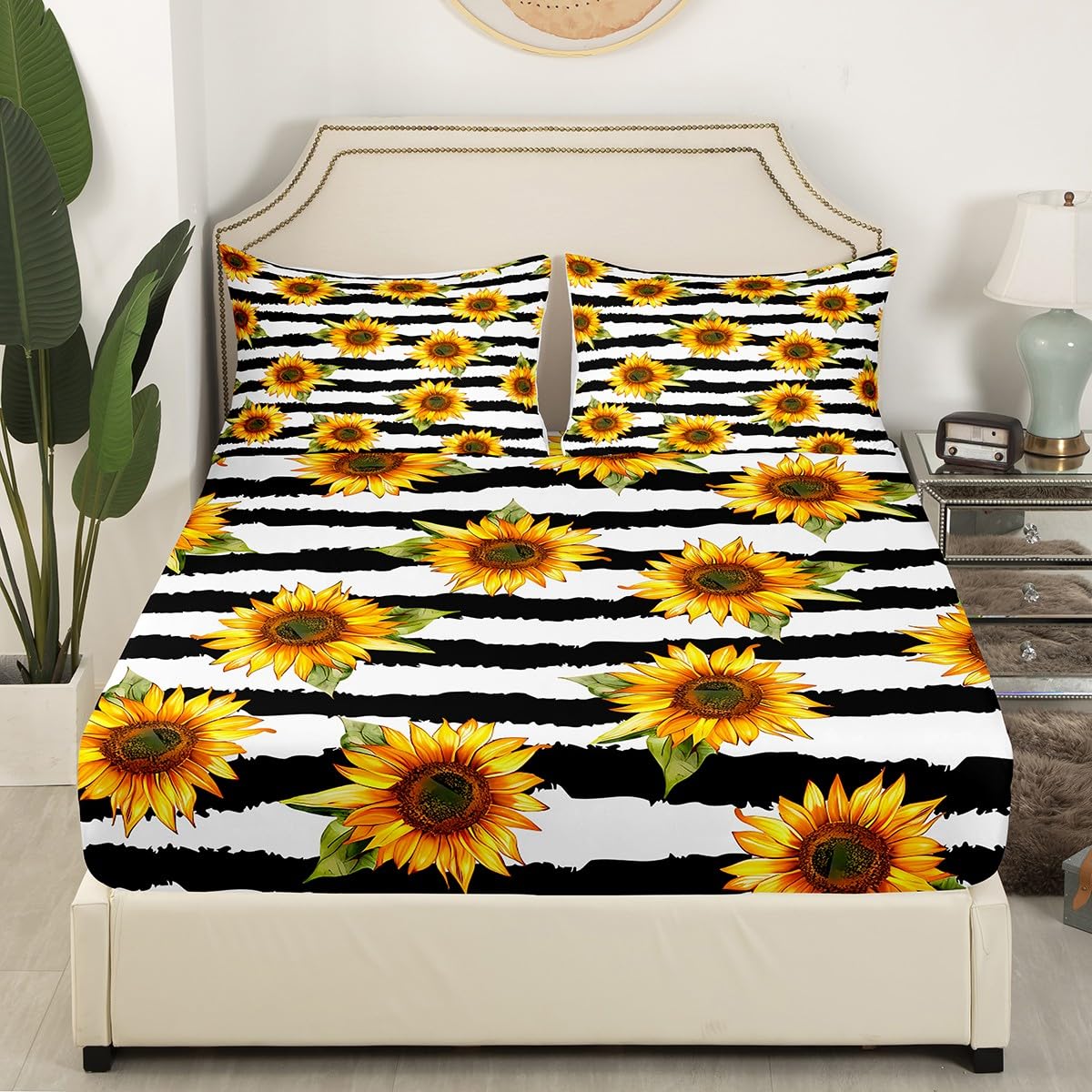 Feelyou Sunflower Fitted Sheet Queen Stripes Pattern Decor Bedding Set Panoramic Printed Adult Teen Kids Bed Sheet Set Garden Theme Bed Cover for Boys Girls Women Plant Decor Soft (No Flat Sheet)