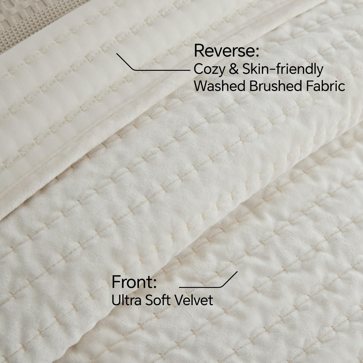 BEDELITE Velvet Quilt Set King Size - Luxury Soft Velvet Comforter Bedding Set for All Season, Lightweight Quilted Channel Stitch Oversized Bedspread Coverlet with 2 Matching Shams, Ivory White