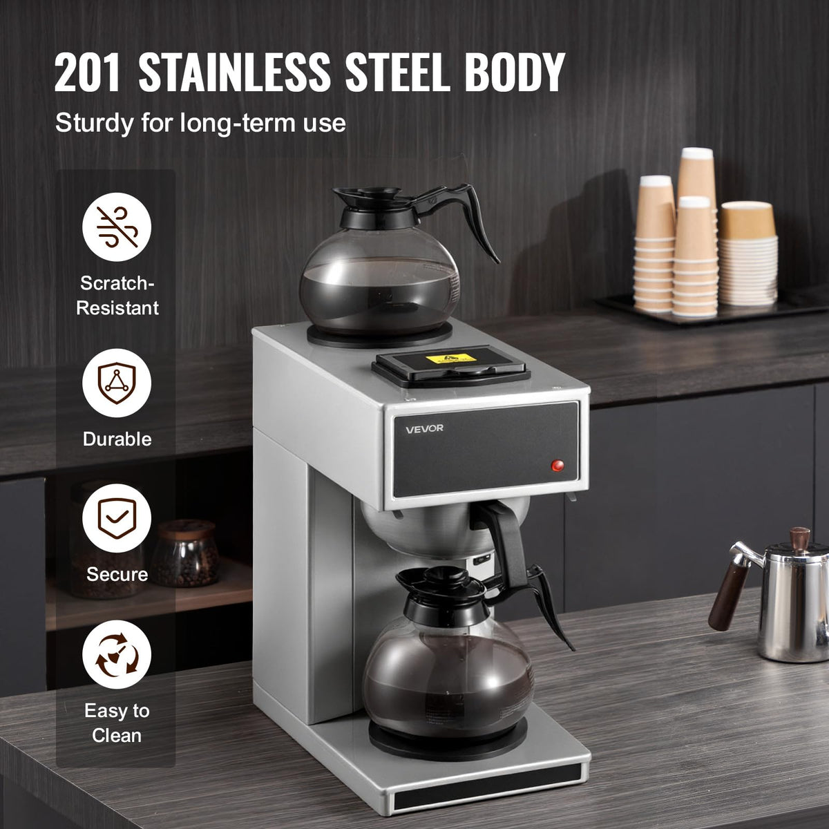 VEVOR Commercial Drip Coffee Maker, 12 Cups Coffee-Maker Machine with 2 Glass Carafes and 2 Decanter Warmer Plates, Stainless Steel Drip Style Coffee Brewer, for Restaurant, Office, Coffee Shop & Home