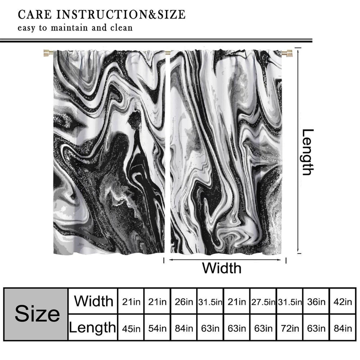 Kurtect Marble Blackout Curtain,Black and White Abstract Aesthetic Print Watercolor Window Curtains for Bedroom Cafe Dining Room Office Living Room Kitchen Drapes,42x45 in
