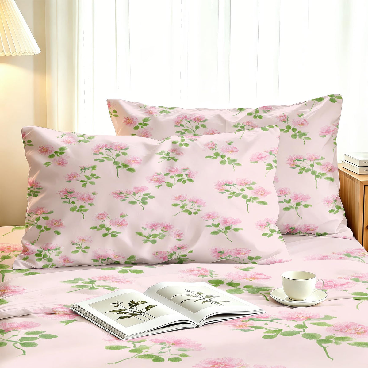 Pink Flower California King Sheet Set Botanical Flat Fitted Sheet Sets