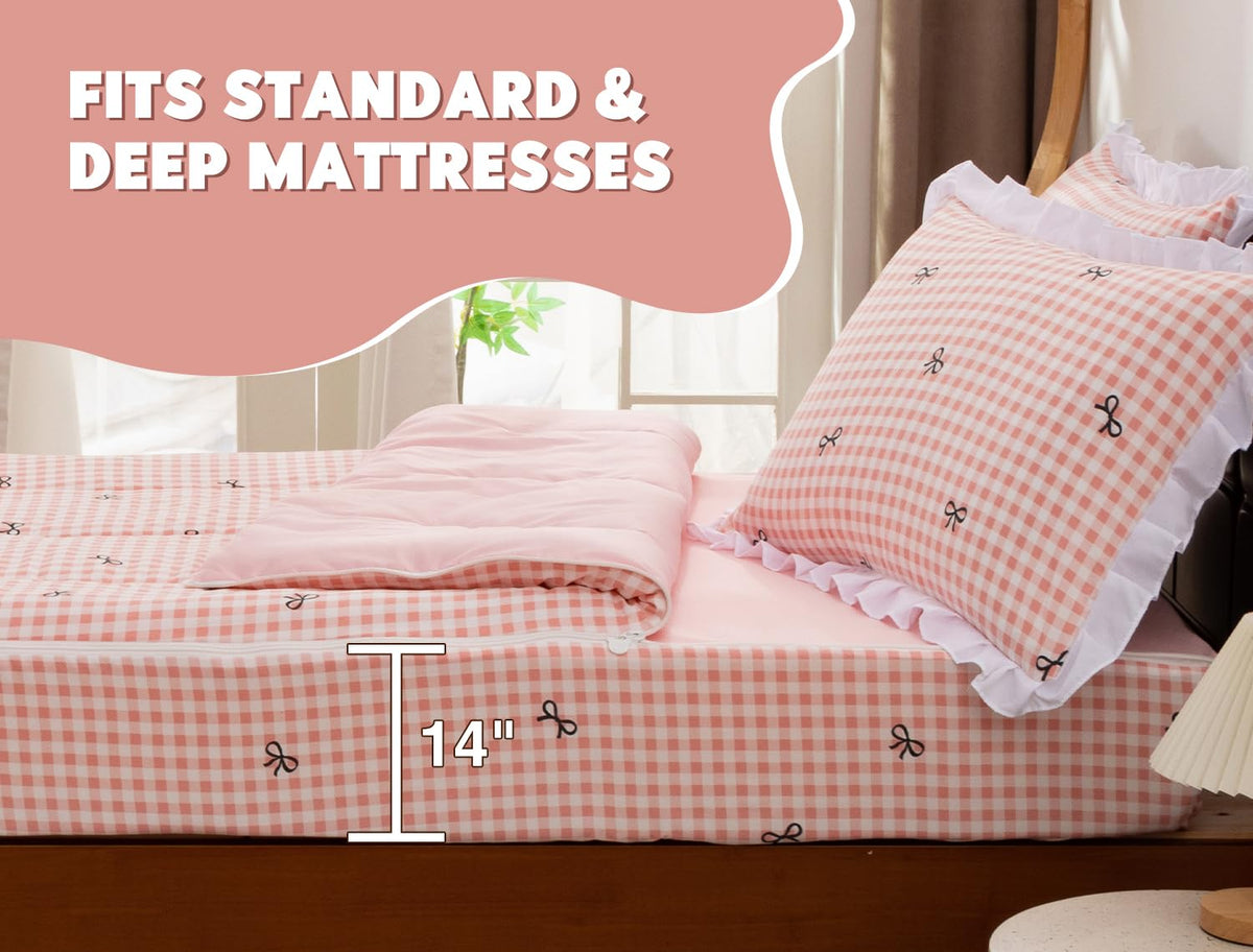 Meeting Story Zipper Bedding Twin Bow Zip Up Bedding Set for Girls and Kids, Pink 3 Pcs Comforter Bed in a Bag with Fitted Sheet and 2 Pcs Pillowcases(Lightpink,Twin)