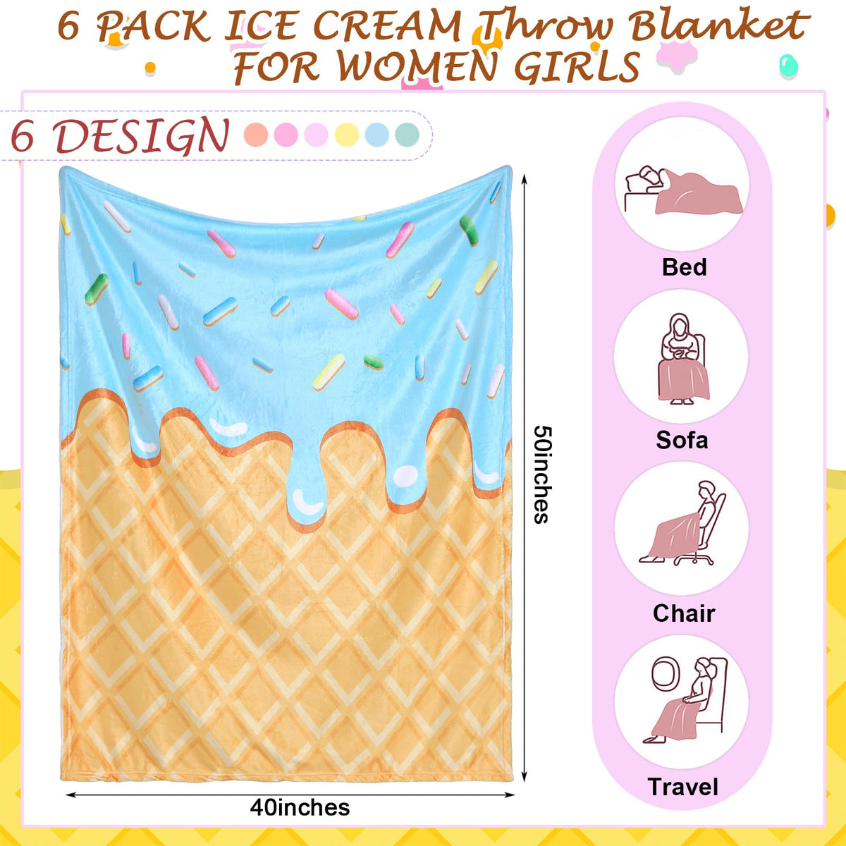 Hahafelt 6 Pack Ice Cream Throw Blankets Cute Dessert Flannel Blanket Soft Cozy Aesthetic Throw for Couch Bed Dorm Room Decor Ice Cream Party Favors Summer Party Gifts