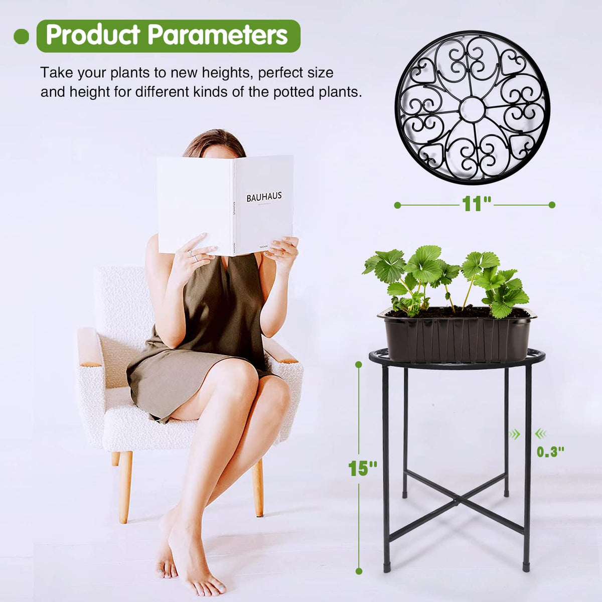 Plant Stand Indoor Outdoor, 15" Tall Flower Pot Stand, Round Metal Corner Plant Stand for Flower Pot, Rustproof Flower Plant Holder for Home, Garden, Patio, Plant Lovers, Housewarming (Set of 1)