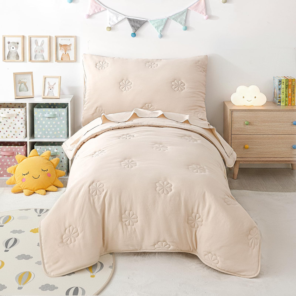 DreLunis 4-Piece Toddler Bedding Sets for Girls Boys, Soft Microfiber Floral Embroidery Toddler Bed Comforter Bed-in-a-Bag Includes Comforter, Flat Sheet, Fitted Sheet, Envelope Pillowcase, Beige