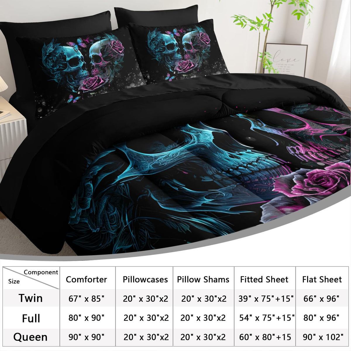 AILONEN Sugar Skull Comforter Set Twin Size,7-Piece Soft Bed in a Bag,Rose Skull Couple Black Comforter & Fitted Sheet & Flat Sheet & 2 Pillowcases,2 Pillow Shams for Bedroom