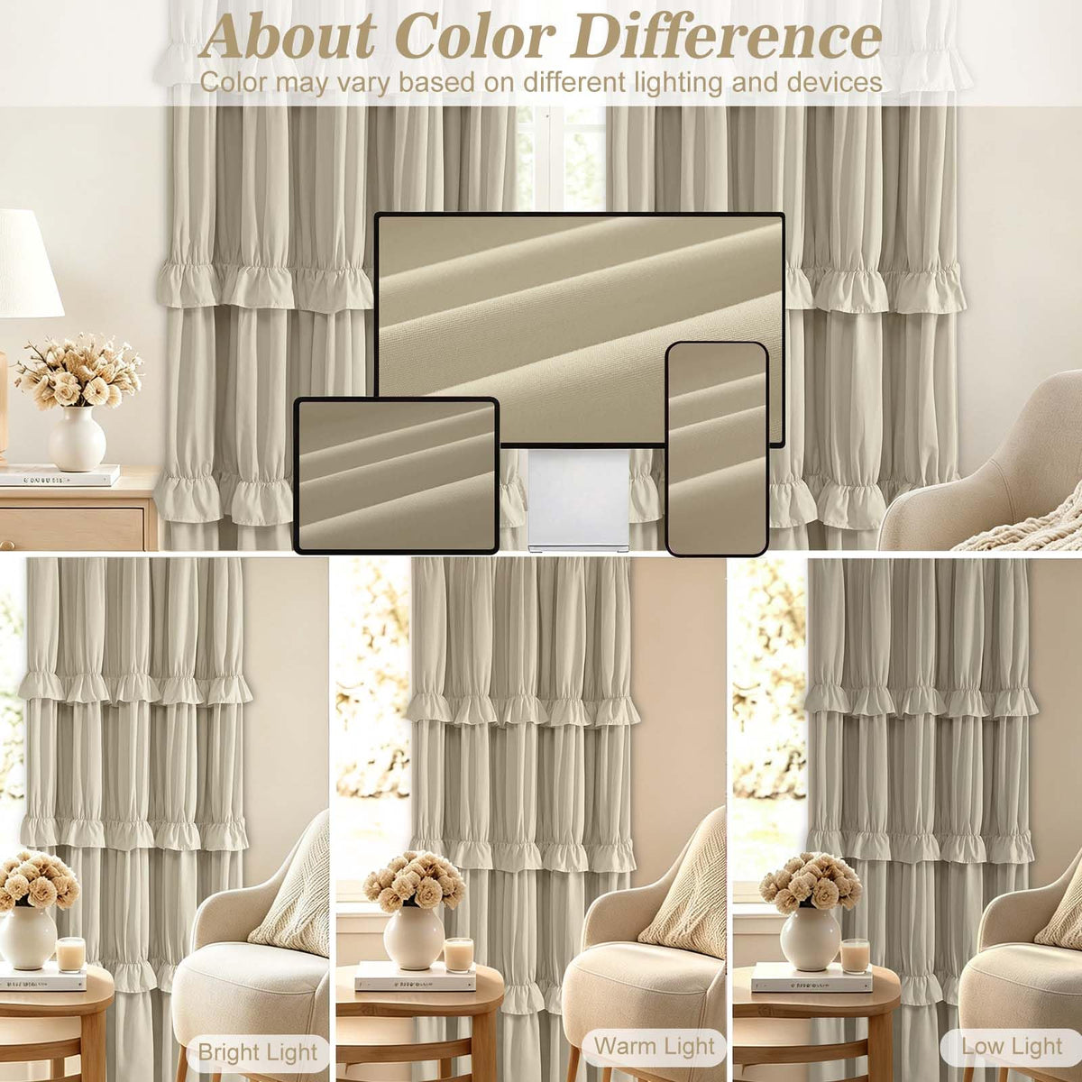 Yinhua Ruffle Curtains for Living Room Farmhouse Blackout Curtains for Bedroom 84 Inch Long with 3 Rows of Ruffles, Room Darkening Window Curtain Rustic Country Rod Pocket Drapes, 2 Panels, Camel