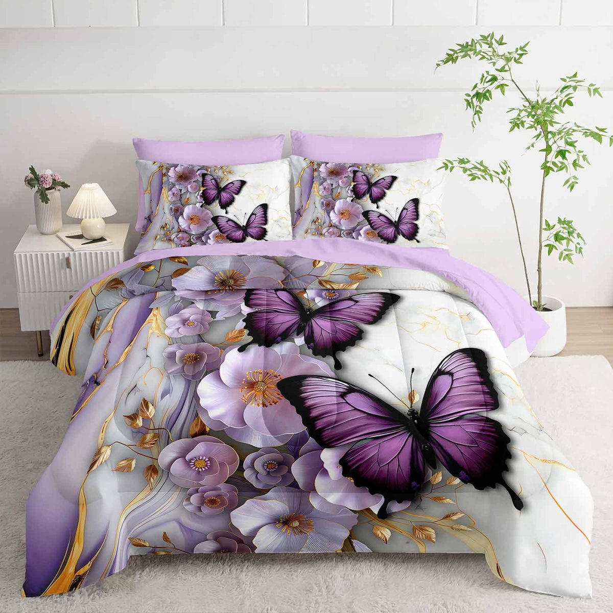 AILONEN Butterfly Girls Comforter Set Printed Full Size 7Pcs Purple Floral Bed in a Bag,Gold White Marble Flower Comforter + Fitted/Flat Sheet + 2 Pillowcases + 2 Pillow Shams for Kids Women