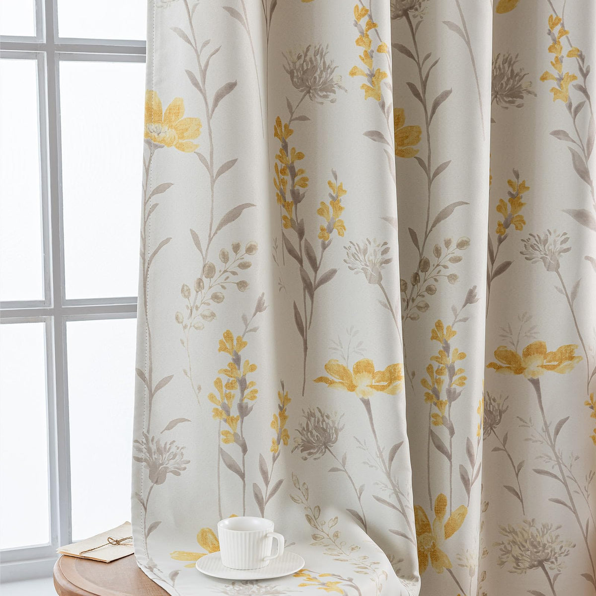 SUOUO Yellow Floral Blackout Curtains for Bedroom 84 inches Long Patterned Grey Leaf Thermal Insulated Window Drapes for Living Room 2 Panels