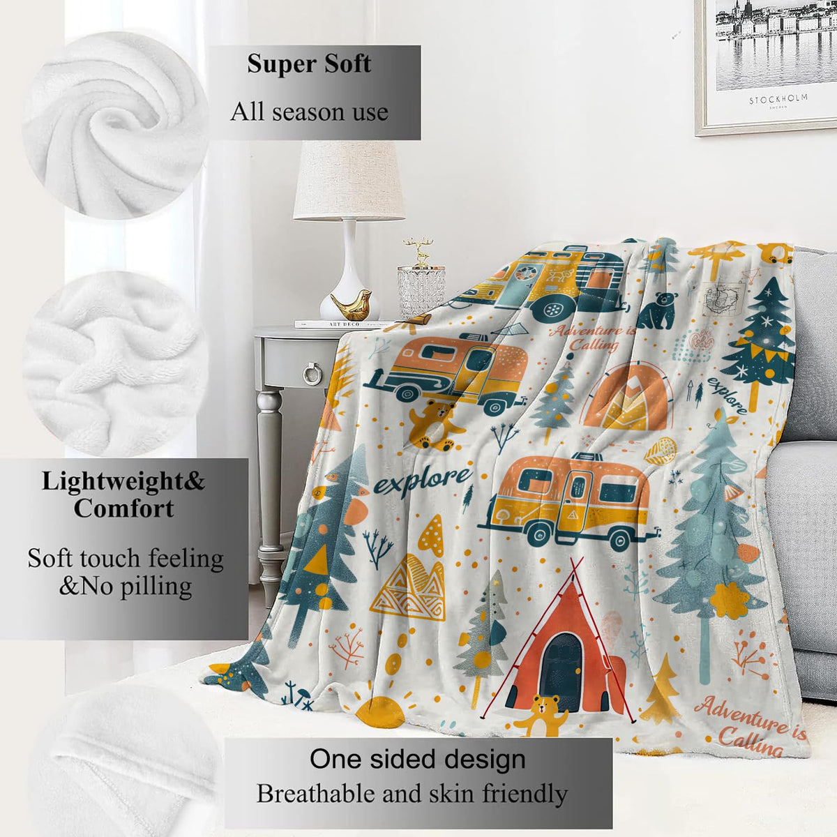 VODRM Adventure Camping Blanket Outdoor Camper Picnic Throw Blankets Gifts for Girls Adults Lightweight Soft Fleece Cozy for Sofa Couch Bed Room Travel Birthday Party Decor 50x60in