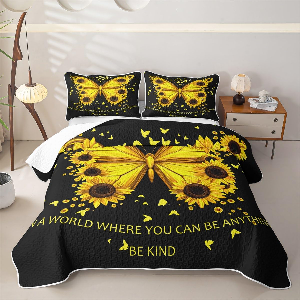Erosebridal Girl Sunflower Quilt Set Women Butterfly Quilt Queen Blossom Floral Quilted Bedspread Rustic Farmhouse Bedding Coverlet with 2 Pillowcases