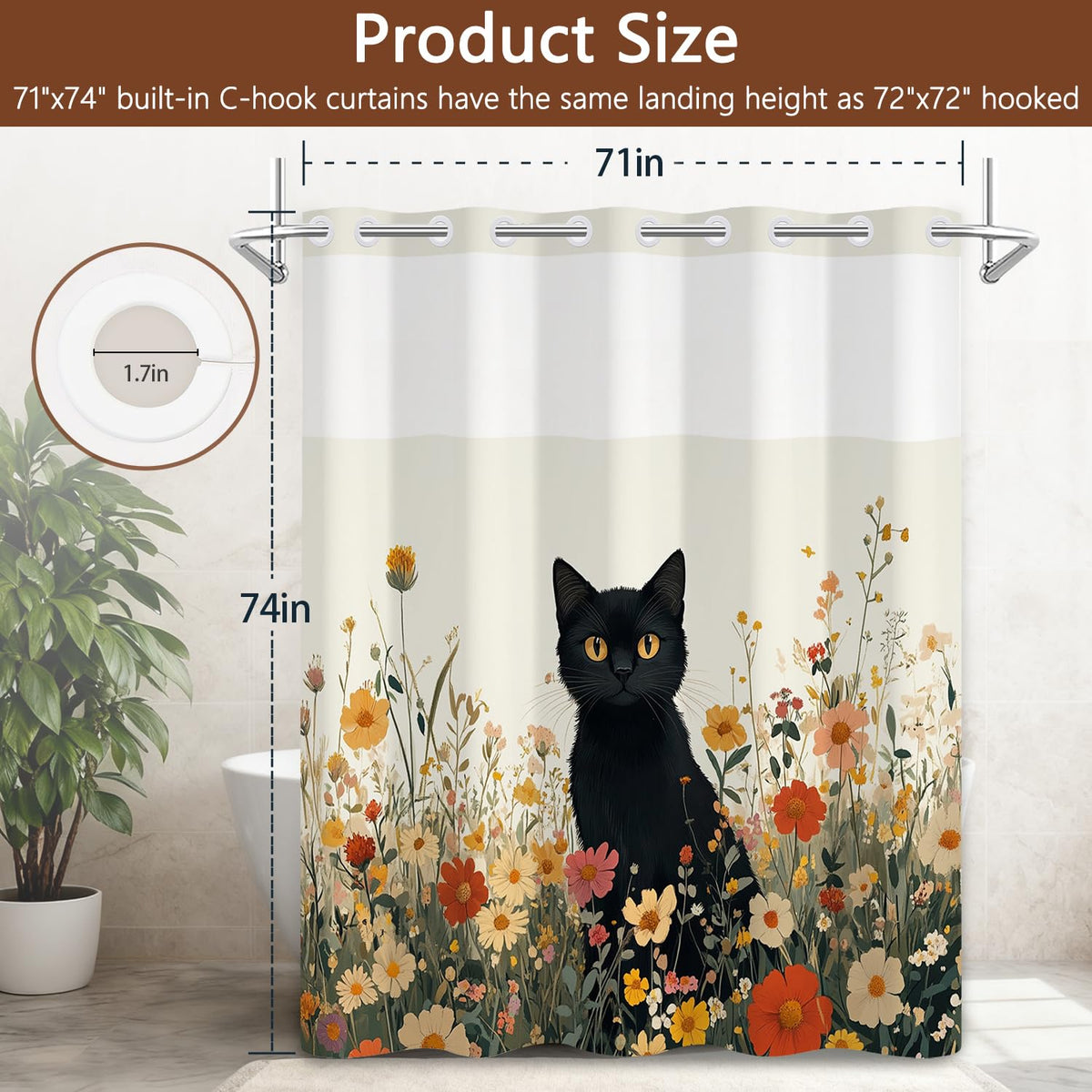 No Hook Shower Curtain with Snap in Liner, Funny Black Cat Floral Wildflower Spring Bathroom Curtains, Hotel Waterproof Fabric Shower Curtain with See Through Top Window, Weighted Hem, 71x74 Inch
