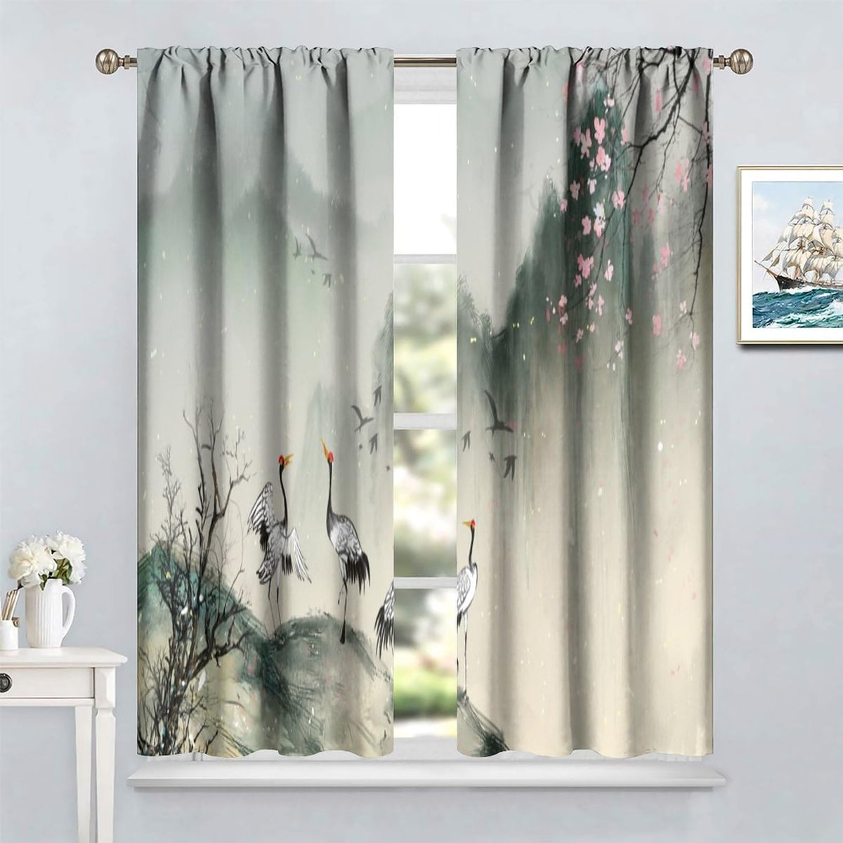 Asian Curtain Traditional Chinese Ancient Ink Landscape Painting Animal Crane Print Curtain for Kitchen Bedroom Living Room Blackout Privacy Curtain 42x45 Inch 2 Panels