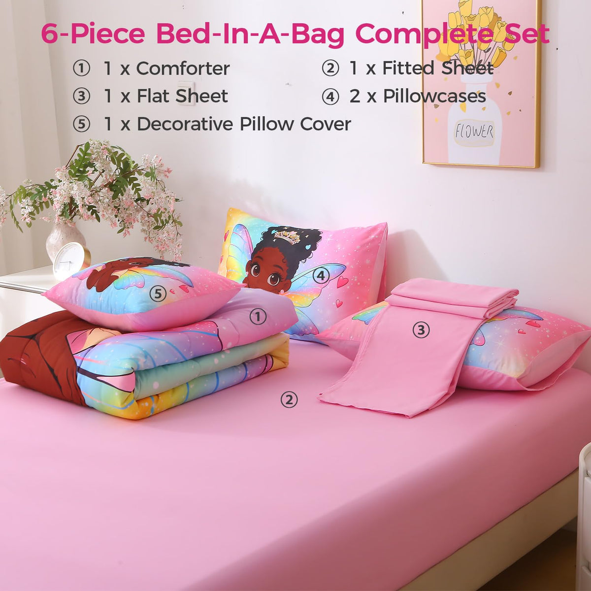 JQinHome Twin Comforter Set - 6 Pieces African Fairy Princess Bedding Set for Girls, Bed in a Bag with Rainbow Wing Comforter, Sheets, Pillowcases & Decorative Cushion Cover