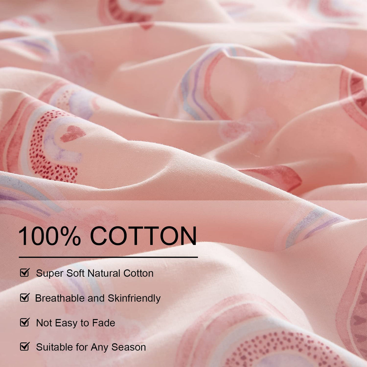 Ivellow Queen Duvet Cover Set 100% Cotton Rainbow Pink Kids Duvet Cover for Girls Cute Kawaii Bedding Set 3 Pcs Ultra Soft Breathable Toddler Teen Duvet Cover Patterned Cartoon Comforter Cover Bed Set
